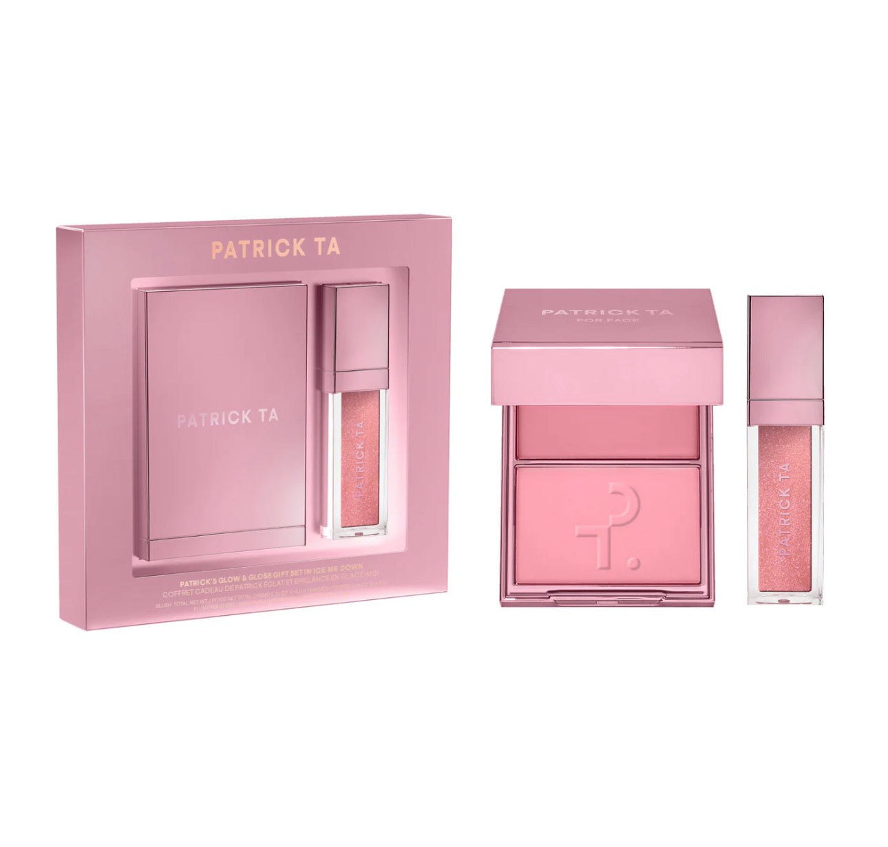 Set of Patrick Ta pink makeup products including a compact and a stick on a white background.