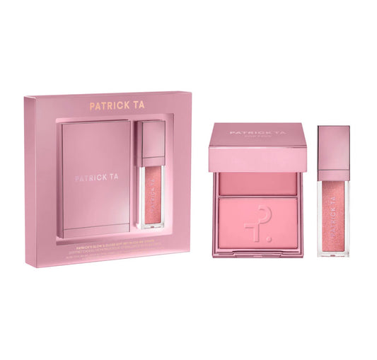 Set of Patrick Ta pink makeup products including a compact and a stick on a white background.